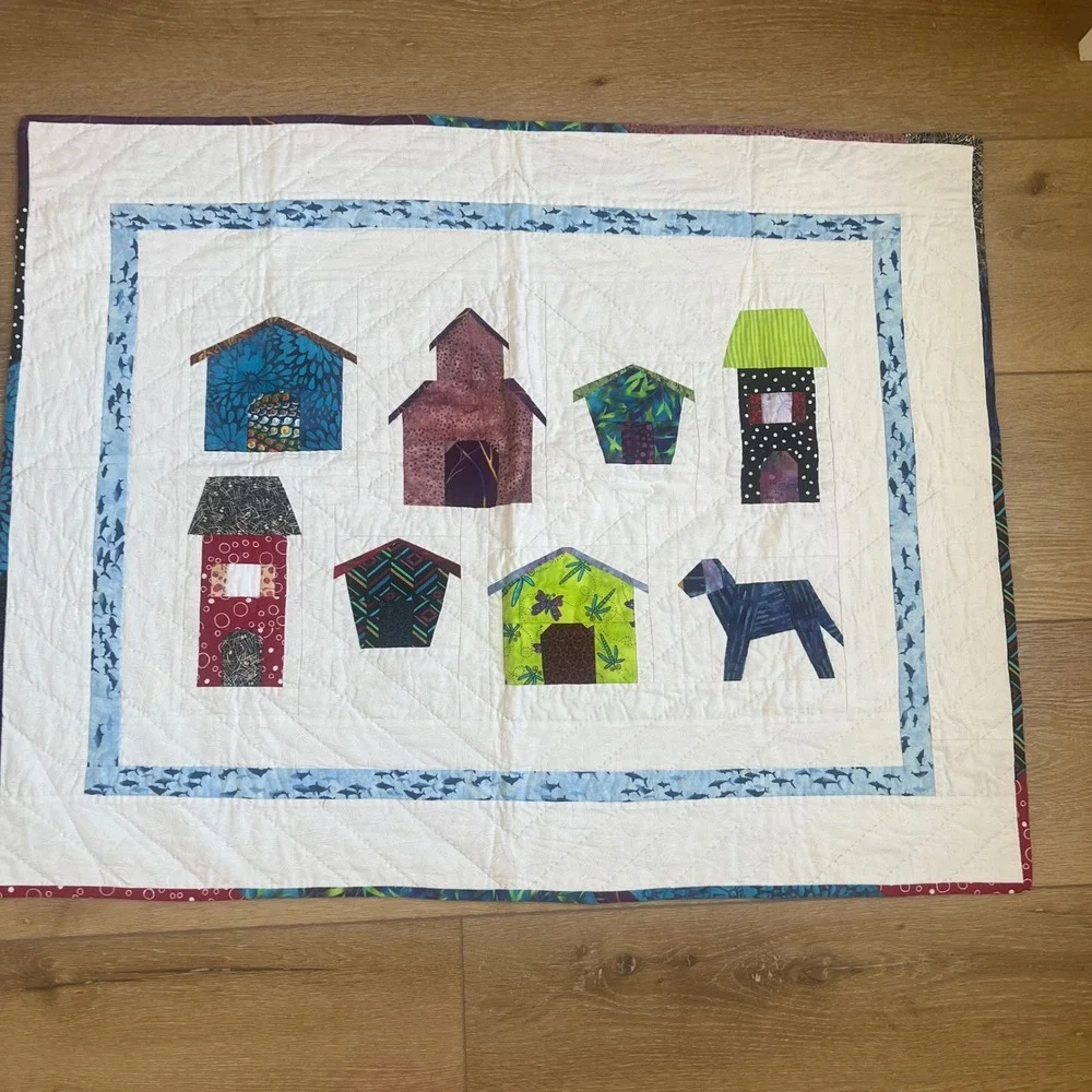 Handmade Quilted Wall Hanging Small Blanket Colorful Houses Dog Shark Border